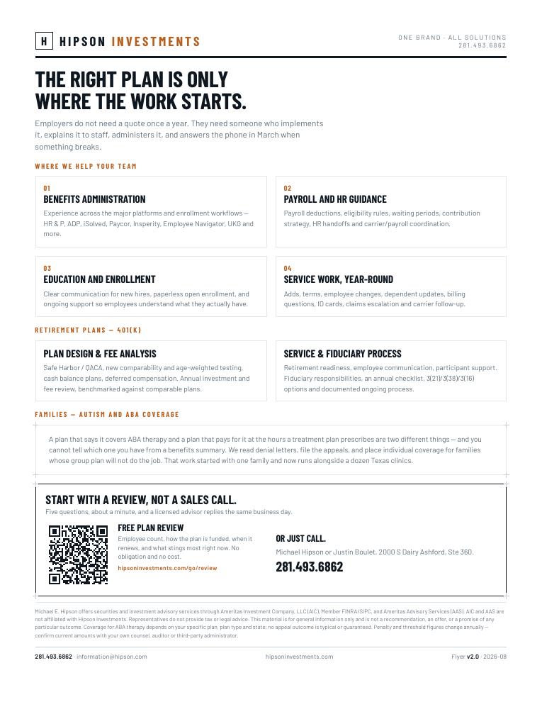 Flyer page 2 — The Hipson benefits service model: benefits administration systems, payroll and HR guidance, education and enrollment, year-round service work, renewal strategy